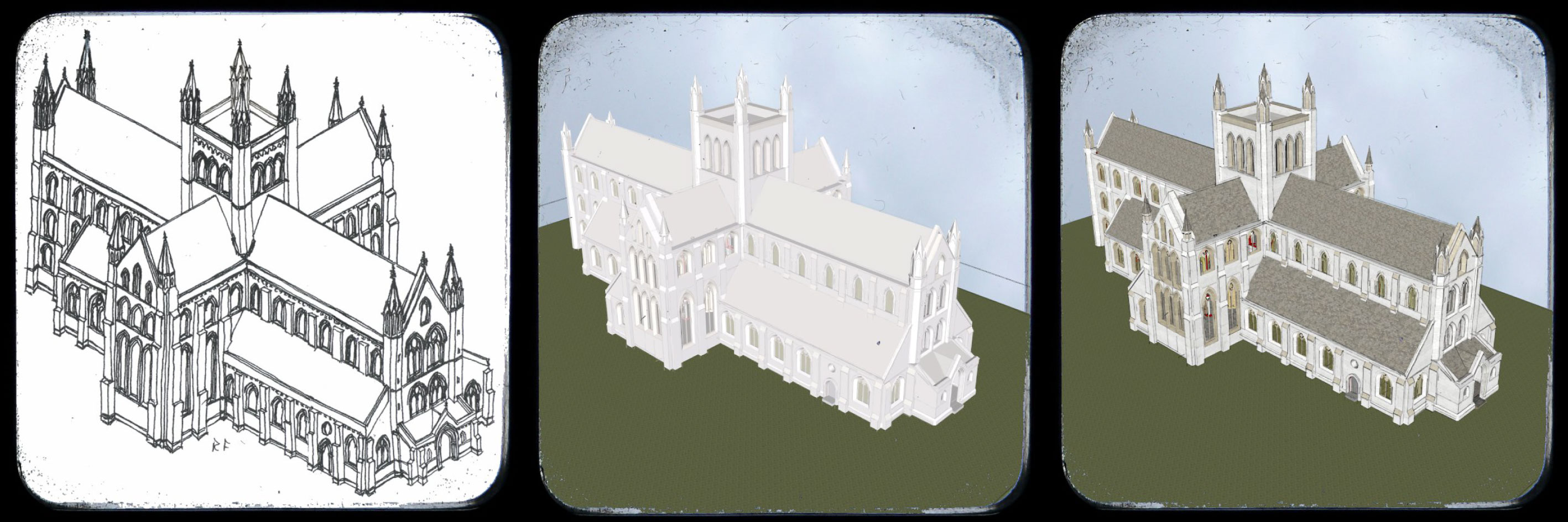 From a sketch by Prof Richard Fawcett to our 3D representation. Using the scale and layout from the archaeological dig, creating a 2D sketch and then a 3D model we gain a better understanding of how the Abbey would have looked.